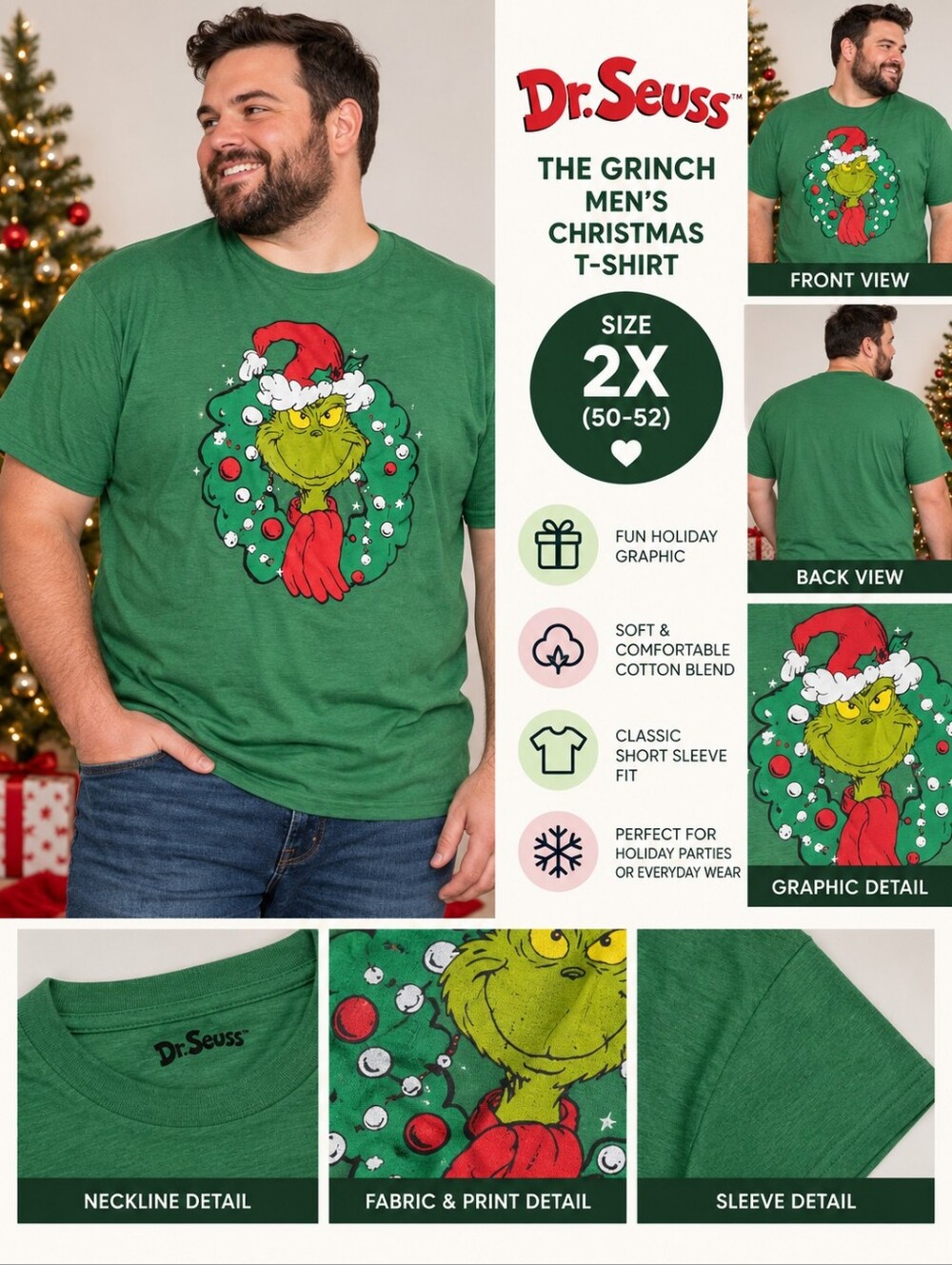 The grinch mens 2X green christmas short sleeve shirt #36